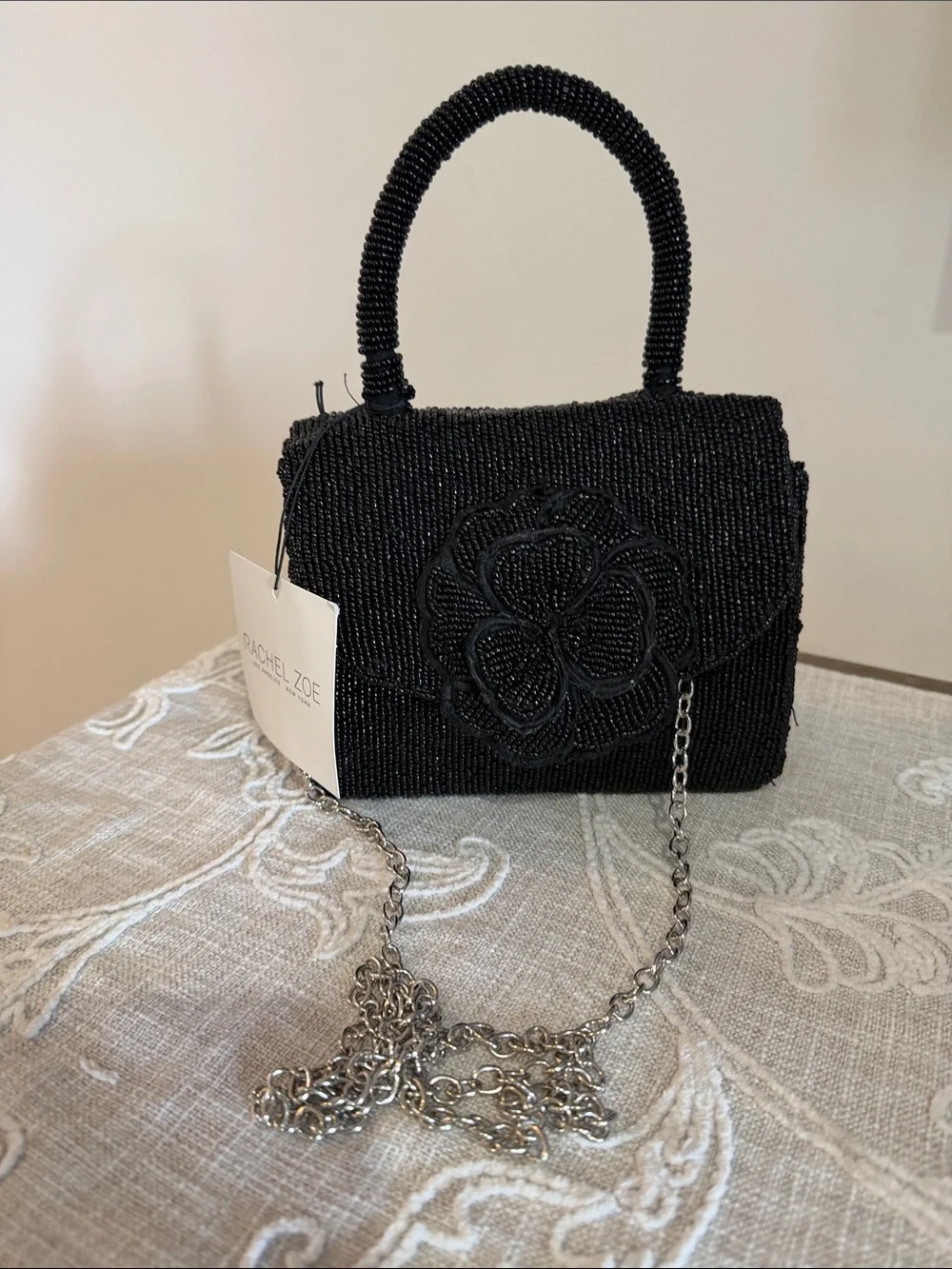 Rachel Zoe Black Beaded/Flower Accent Top-Handle Evening Bag with Chain Strap
